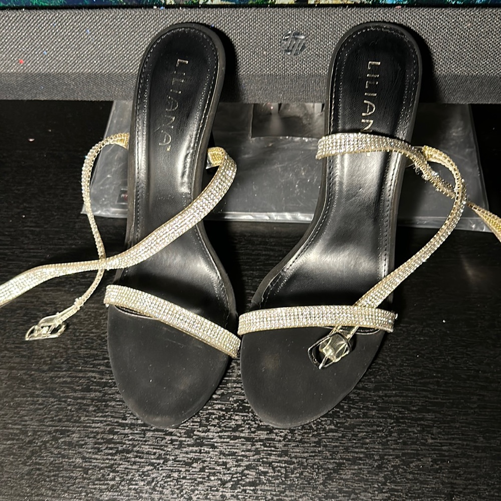 Four inch  suede Liliana heels with studded straps.